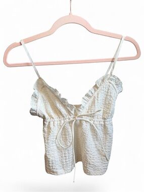 White Textured Ruffle Tie-Front Tank Top